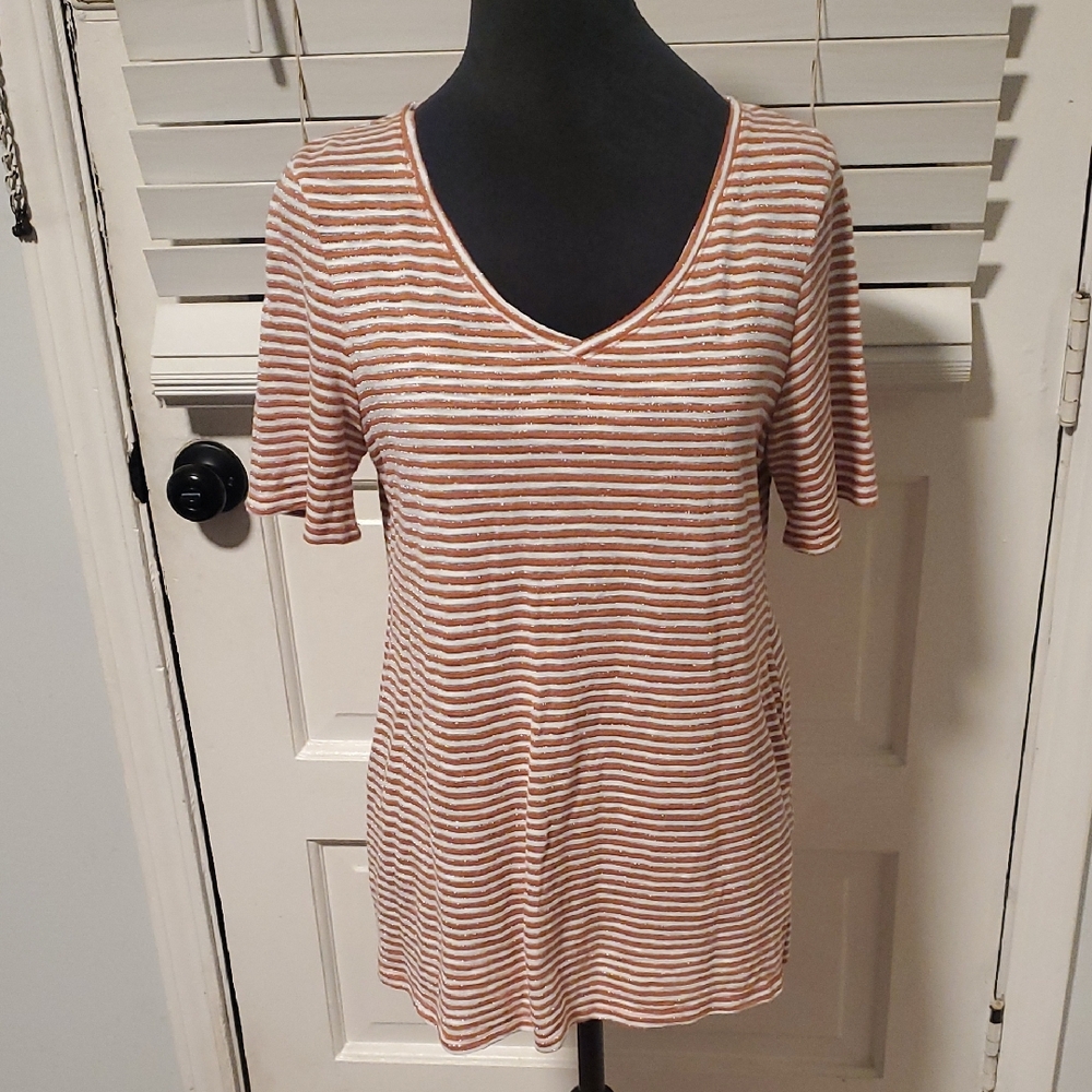 Chico's Orange and White Striped V-Neck Tee